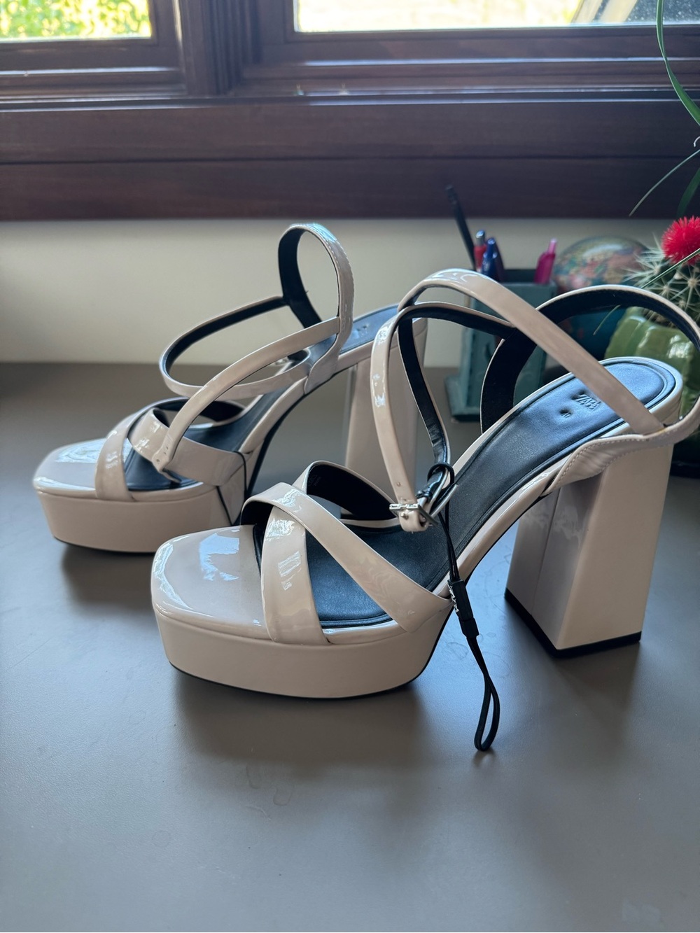 Zara Cream Patent Platform Block Heel Sandals